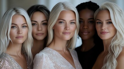 Diverse group of women with different skin tones and hair colors wearing elegant white dresses, showcasing beauty and inclusivity in fashion and cosmetics industry.