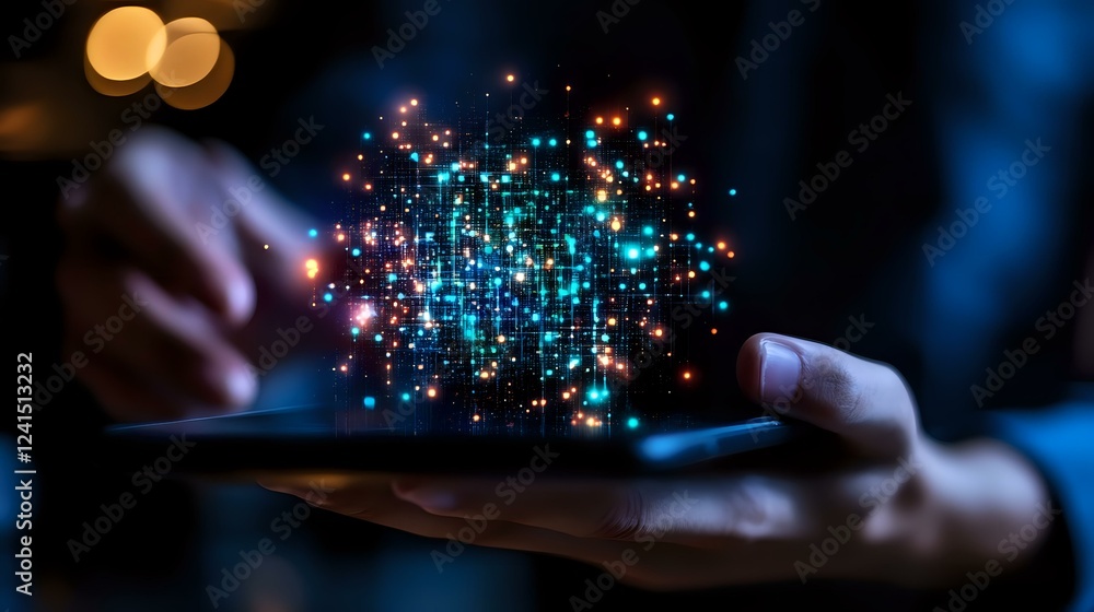 Poster glowing digital particles floating above smartphone screen in dark room create magical hologram effe
