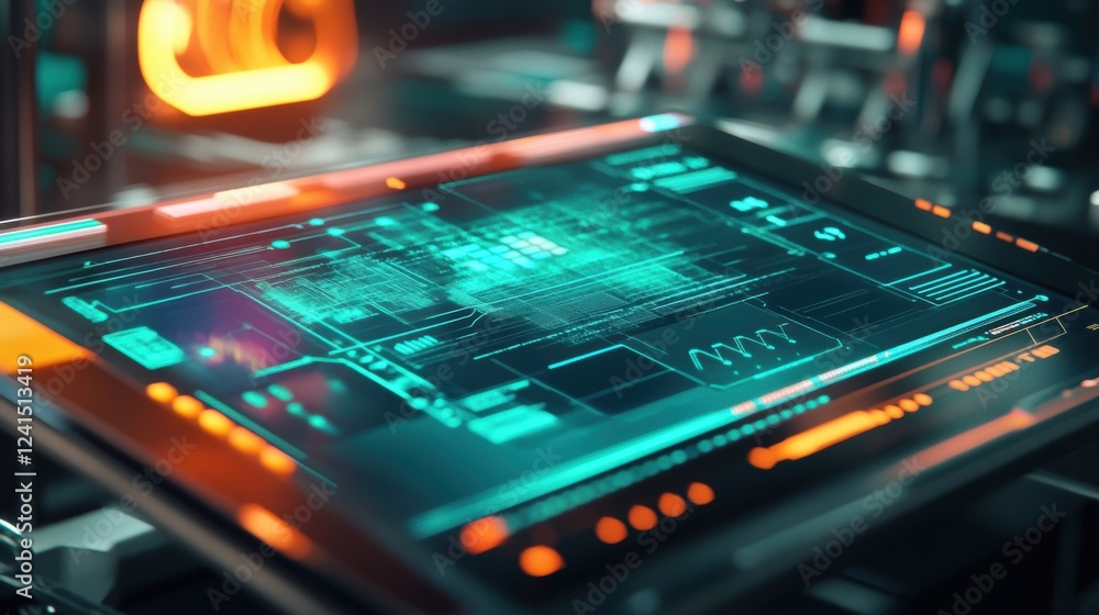 Poster futuristic control panel featuring complex data visualizations and performance metrics, highlighting