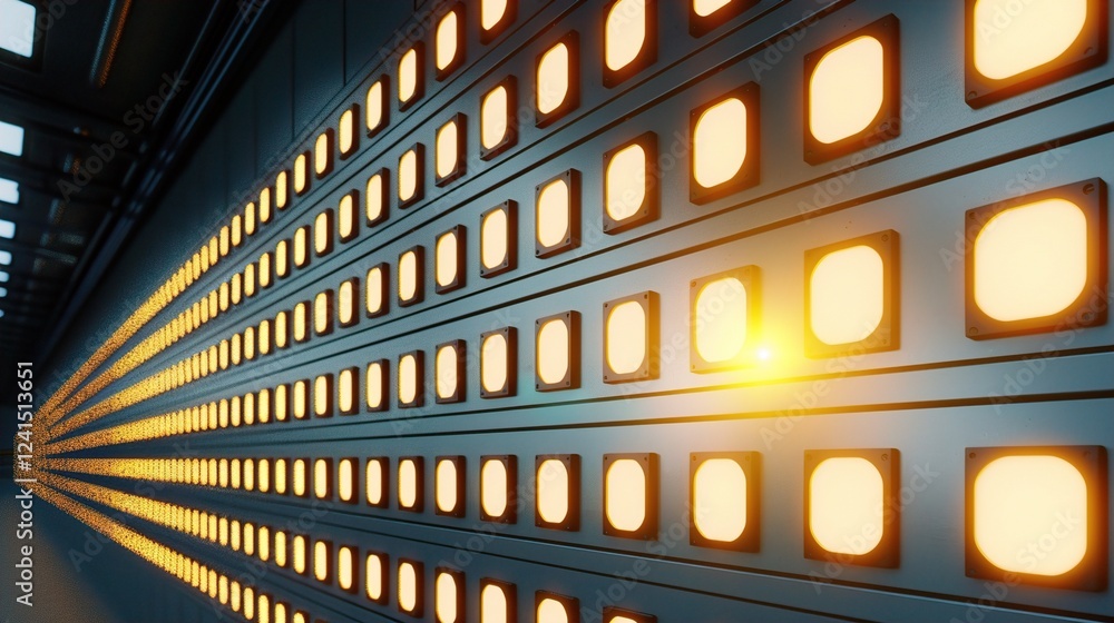 Poster a dynamic view of illuminated panels in a modern setting, exuding a warm glow and futuristic design.