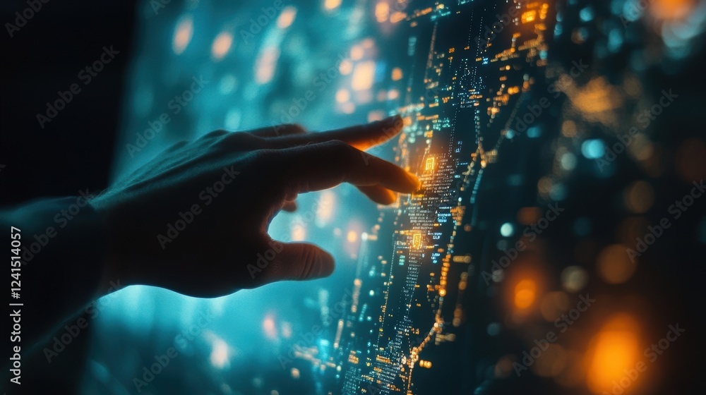 Poster hand touching interactive screen analyzing data with futuristic digital interface, exploring innovat