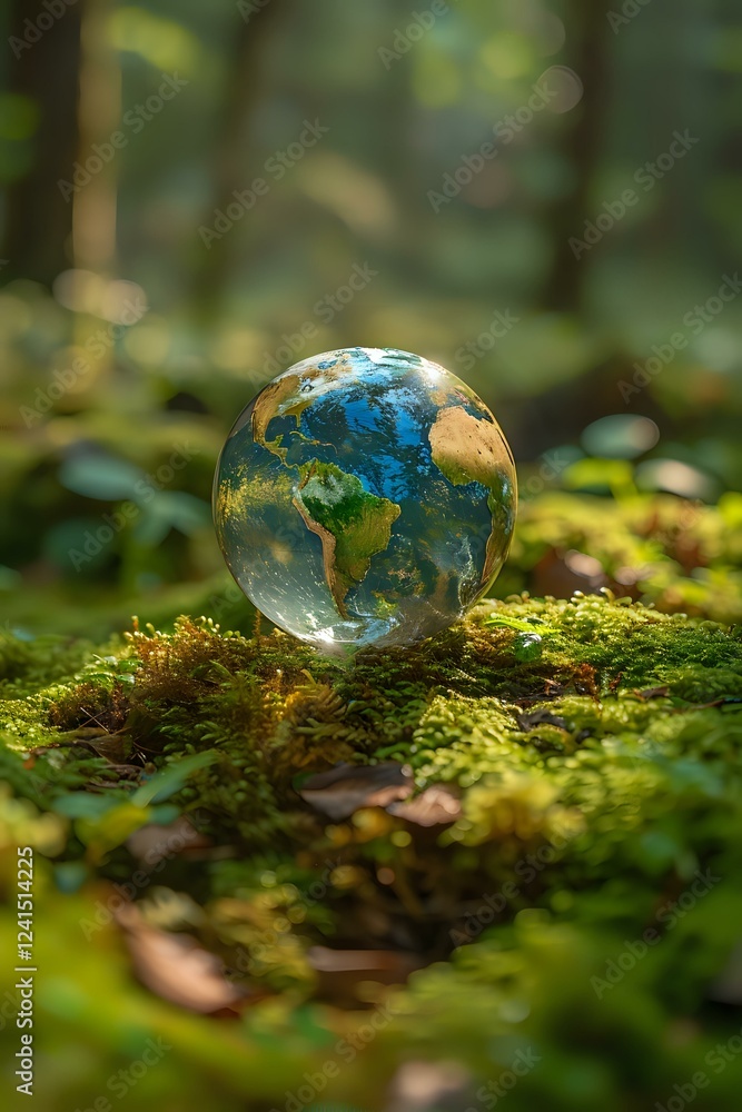 Poster crystal globe showing earth map resting on green moss in forest with soft natural sunlight and bokeh