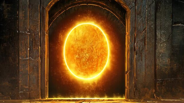 Mysterious glowing portal framed by ancient stone architecture in a darkened setting