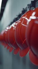 Close-up of red safety helmets hanging on the wall
