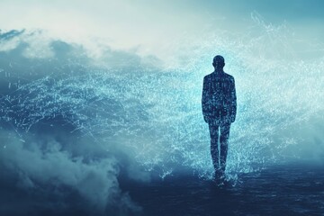 Obraz premium Digital silhouette of man among clouds and data networks