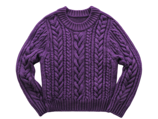 The image shows a purple cable knit sweater with long sleeves, displayed against a black background.
