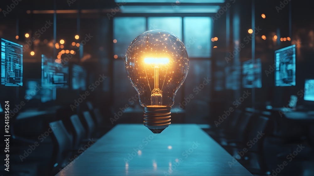 Poster illuminated light bulb in modern office with technology background