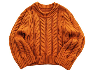 A warm orange cable knit sweater with a crew neck is shown against a black background.