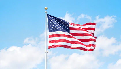 Fototapeta premium Waving American flag against bright blue sky, symbolizing freedom, Independence Day