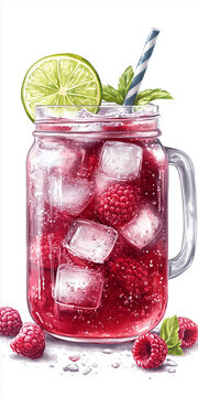 Refreshing raspberry limeade in a mason jar with ice and striped straw