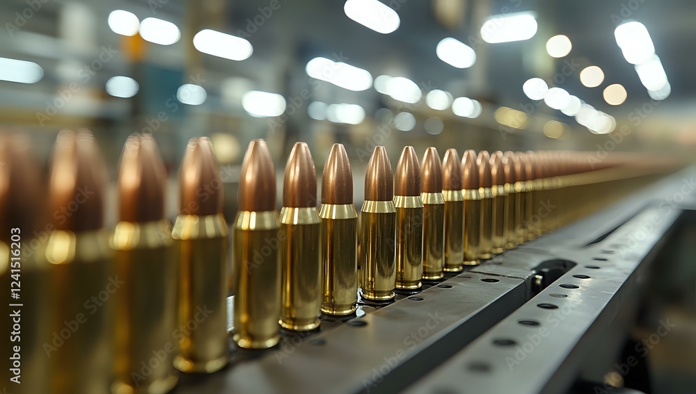 Poster row of brass ammunition bullets lined up on black surface with blurred background lighting, selectiv