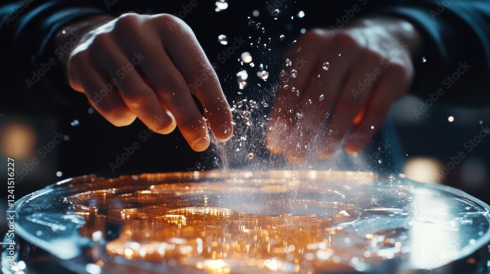 Poster close up of engineer hands manipulating microchip components with splashing water and dynamic lighti