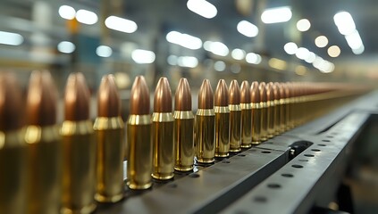 Row of brass ammunition bullets lined up on black surface with blurred background lighting, selective focus on copper tips creating depth perspective.