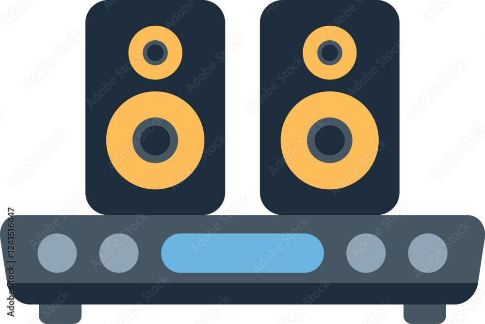 Poster stereo system is playing audio with two speakers, creating a surround sound experience
