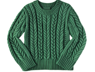 A green cable knit sweater with long sleeves and a round neck, showcasing its intricate texture and detail.