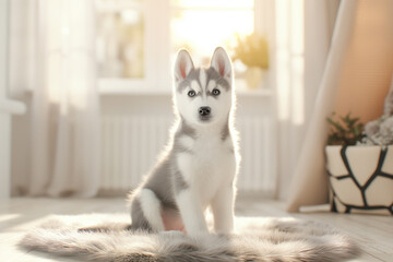 Siberian husky puppy sitting on a cozy white rug in sunlit room