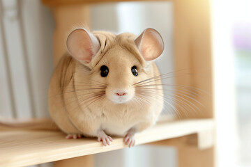 Fototapeta premium Adorable beige chinchilla perched on wooden shelf in sunlit room