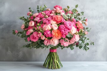 Beautiful blossoming flowers bouquet in pink colors of ranunculus, carnations, roses, pistachio leaves on the grey wall background