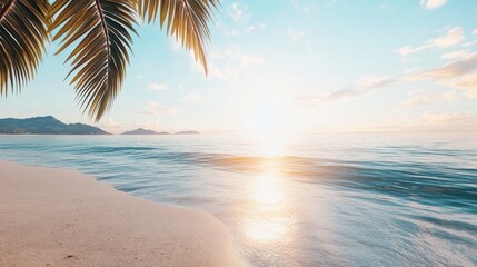 Fototapeta premium Serene Tropical Beach at Sunrise with Palm Leaves and Gentle Waves