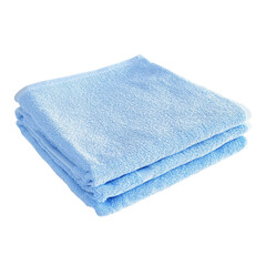 A neatly stacked pile of three light blue, fluffy bath towels, ideal for bathroom use.