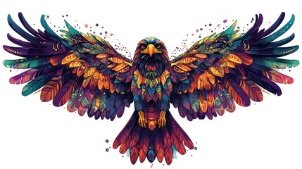Obraz premium Vibrant Fantastical Bird with Colorful Feathered Wings in Abstract Digital