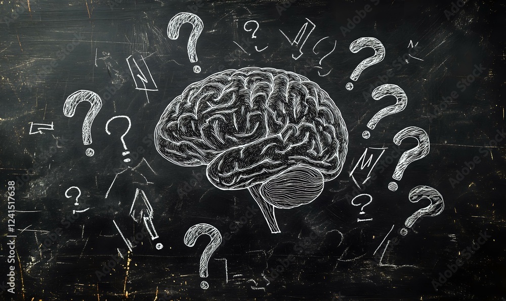 Poster brain sketch with question marks drawn on black chalkboard background, representing cognitive proces