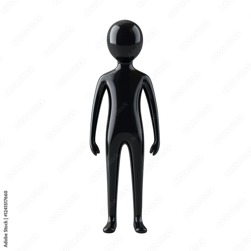 Poster the image shows a simple 3d rendered black figure standing against a black background. its glossy su