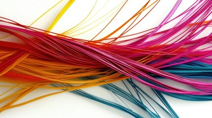 Interwoven colorful threads positioned against a white surface create a stunning abstract design, symbolizing connectivity and vibrant creative expression.