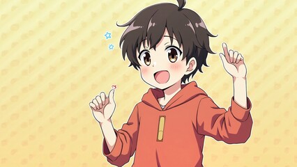 Joyful Anime Boy in Orange Hoodie, Playful Expression