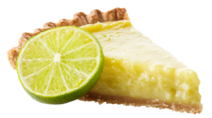 Slice of key lime pie with fresh lime on transparent background