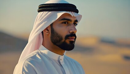 Portrait of a Middle Eastern man in traditional white kandura and keffiyeh amidst a serene desert backdrop showcasing cultural elegance and timeless style Image made using Generative AI