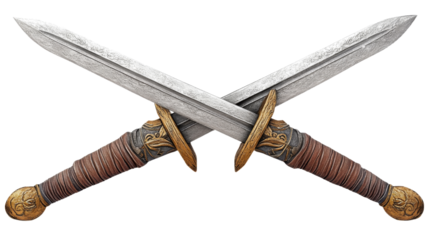 Two crossed swords with ornate hilt and leather grip on transparent background
