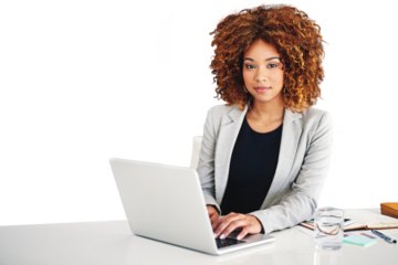 Laptop, table and portrait of business woman typing email on tech online isolated on a transparent png background. Computer, desk and face of professional corporate secretary or receptionist working