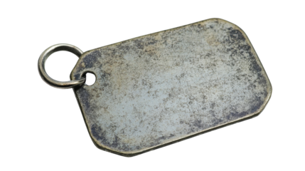 Blank metallic tag showing wear and tear on transparent background