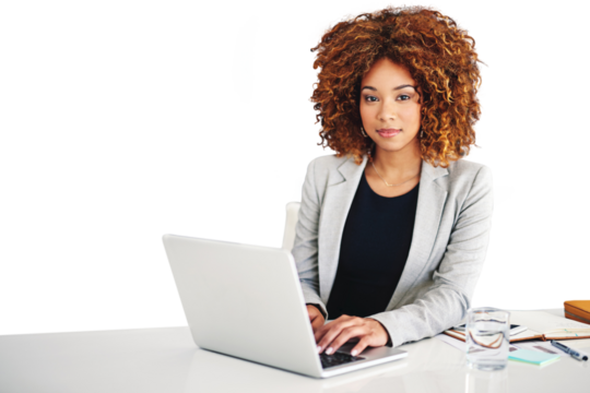 Laptop, table and portrait of business woman typing email on tech online isolated on a transparent png background. Computer, desk and face of professional corporate secretary or receptionist working