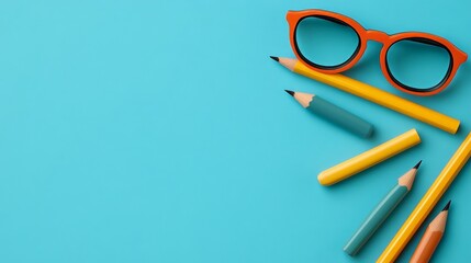 Vision of Creativity: Bright sunglasses rest alongside colorful pencils against a vibrant blue backdrop, an invitation to creative expression and imagination.