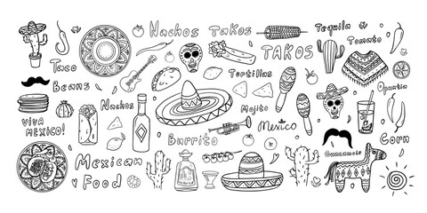Large set of mexican theme. Nachos, takos, burrito, tomato, corn, cactus, hat, tequila, sombrero, lemon, tortilla, chili pepper, maracas. Hand drawn. Doodle styleGreat for bar menu, banner