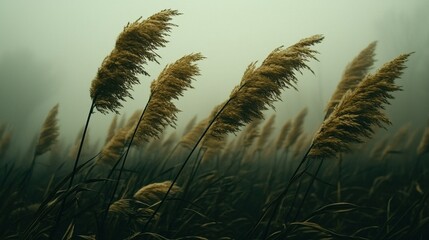Naklejka premium Mist-soaked pampas grass swaying gently foggy field nature scene serene environment close-up view for tranquility