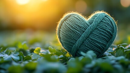 An Artistic Arrangement of Heart Shaped Green Yarn Illuminated with Soft Lighting and Tilt-Shift Technique to Inspire Knitting Projects and Craft Creativity