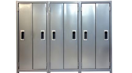 Row of metal lockers with handles on transparent background