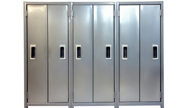 Row of metal lockers with handles on transparent background