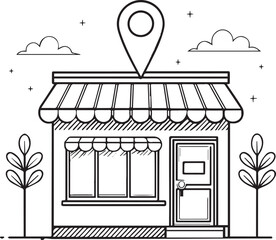 Obraz premium black and white line drawing of a small store with a map pointer on top of it.