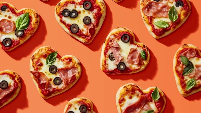 Miniature heart-shaped Neapolitan pizzas on a vibrant orange background. Golden crispy crust, tomato sauce, melted mozzarella, fresh basil, olives, and prosciutto.