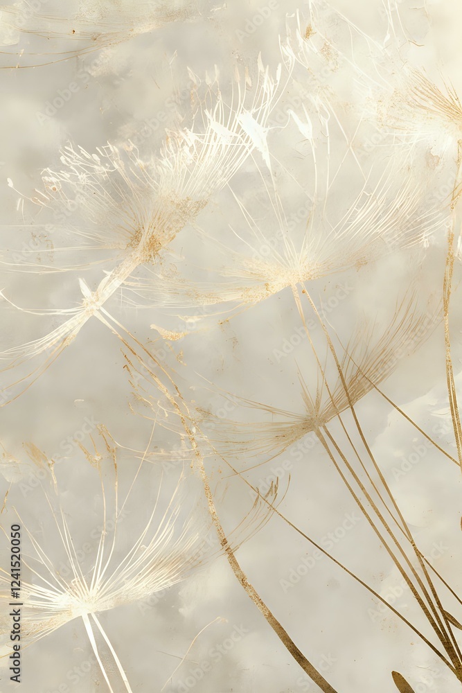 Poster delicate dandelion seeds float against soft beige background, creating ethereal botanical compositio