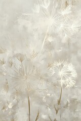 Delicate dandelion seeds floating on soft beige and gray background, creating ethereal botanical art suitable for modern home decor and wellness spaces.