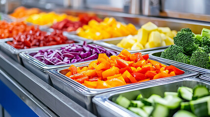 Colorful assortment of freshly chopped vegetables in a kitchen display prepared for meal preparation at a busy restaurant setting