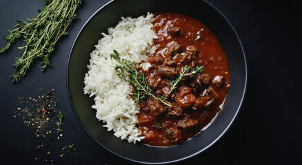 A comforting bowl of goulash features tender meat simmered in rich sauce served with fluffy rice and garnished with herbs on a dark surface