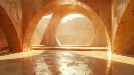 interior of ancient temple with light orange marble and large arches leading to mountain view