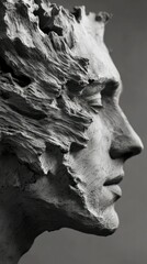 A raw and aggressive monochrome sculpture, its side profile captured with striking detail using a 55mm lens.