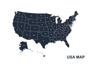 USA Map. Poster map of United States of America. Print of USA with name states, poster or geographic, political theme. Infographic graphic design print map of USA states. Vector Illustration